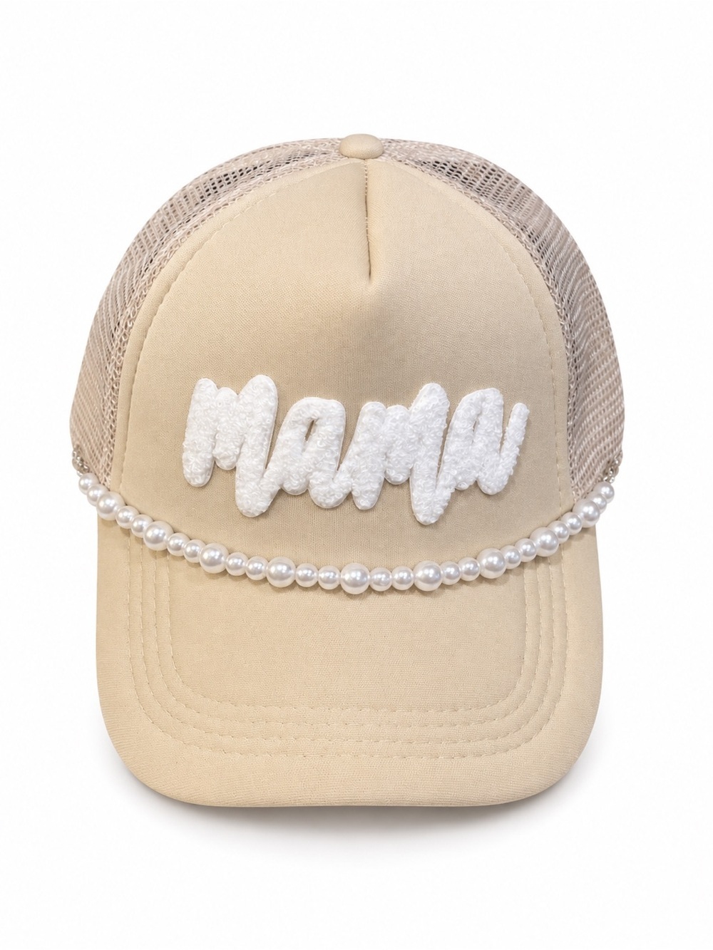 Hand Crafted ‘Mama' Chenille Patch with Pearl Chain Trucker Hat -Beige